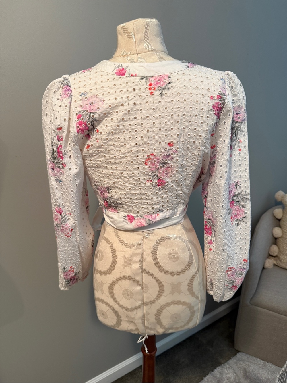 LoveShackFancy White Eyelet Wrap Top with Pink Floral Print - Picture 2 of 6